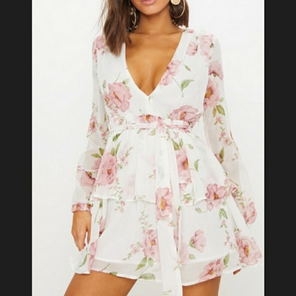 white floral chiffon double tier plunge skater dress
